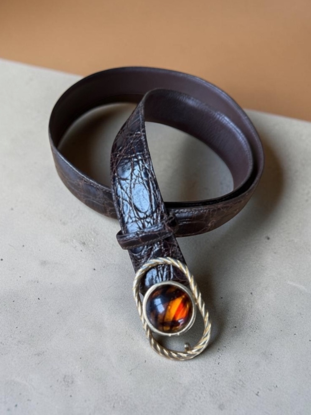 GUCCI VTG Crocodile Embossed Amber Jewel Brown Leather Belt Size Large